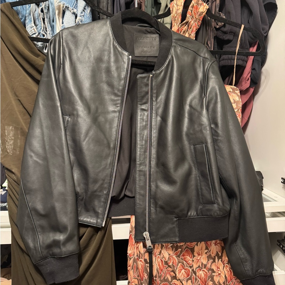 All Saints Charcoal Leather Bomber Jacket